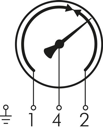 Schaltsymbol: Einfachkontakt Nr. 3: Der Kontakt schaltet um (Wechsler), d.h. der Kontakt öffnet und schließt bei Überschreiten des Sollwertes